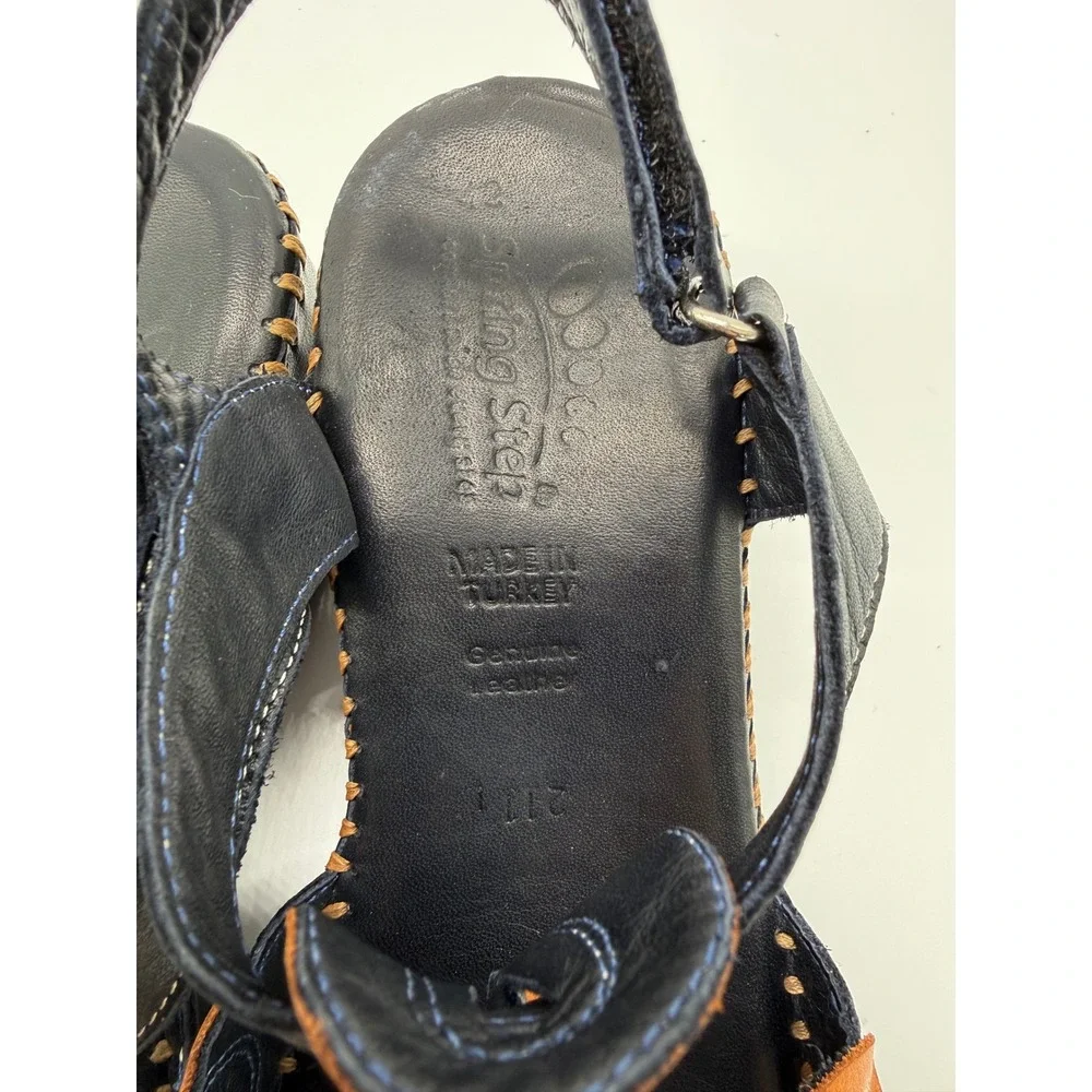 Spring Step Wedge Sandals Womens 42 Navy Tan Excellent Leather Cutout Floral